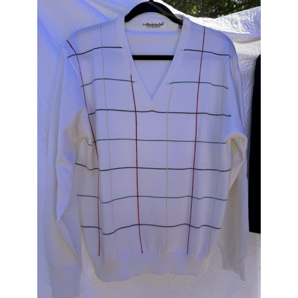 LaModeDuGolf Men’s L V-Neck Plaid Knit Pullover Sweater Golf White Acrylic VTG